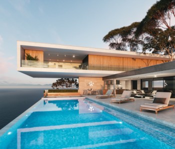 Modern luxury villa at sunset. Private house with infinity pool. 3d illustration
