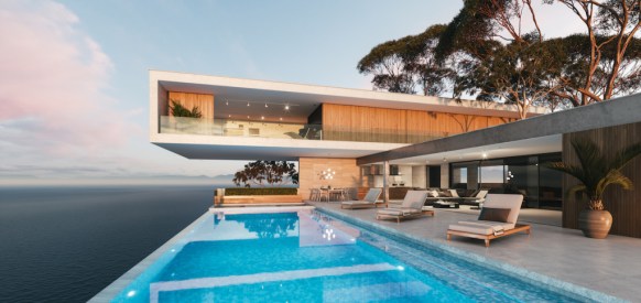 Modern luxury villa at sunset. Private house with infinity pool. 3d illustration