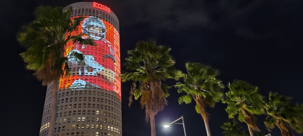 Tampa, Florida USA - January 31 , 2021: View of the Tampa Downtown Building with Tom Brady Buccaneer player projection for the Superbowl LV